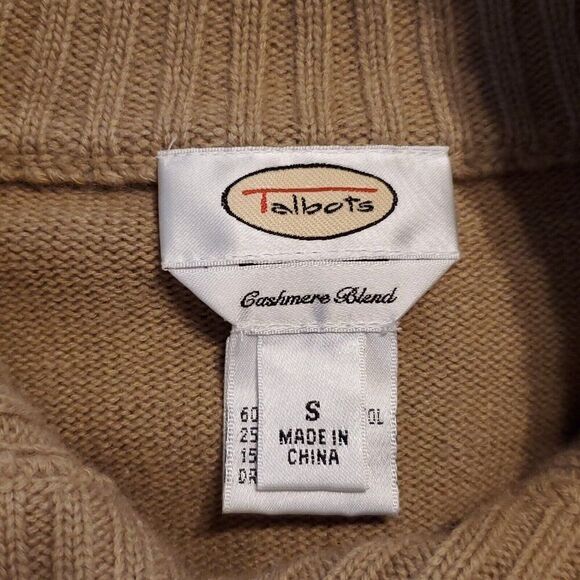 Y2K Talbots Wool Cashmere Cardigan Sweater S Tan Brown Ribbed Neck Cuffs Preppy - Picture 3 of 4